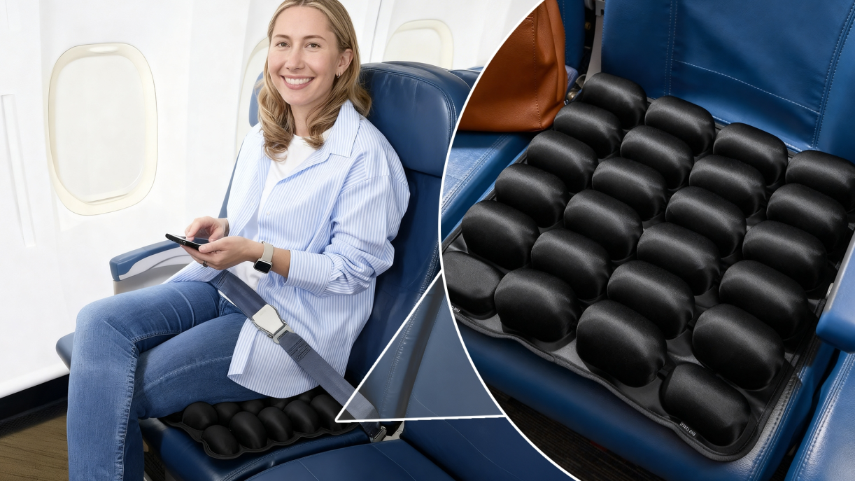 Woman using Sondur cushion on an airplane seat
