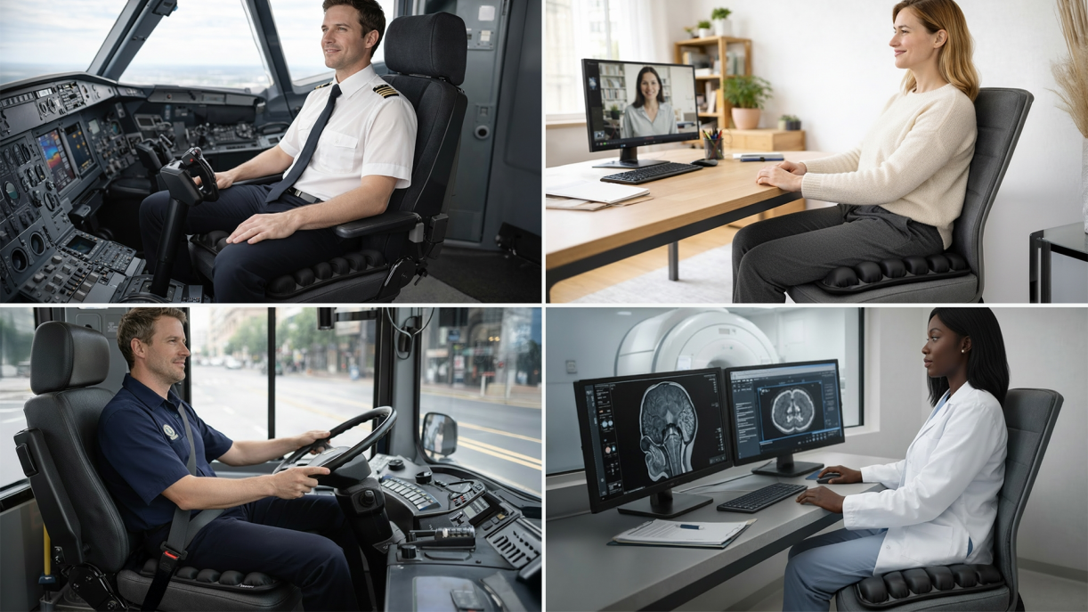Four people using the cushion in cockpit, office, bus, and medical office