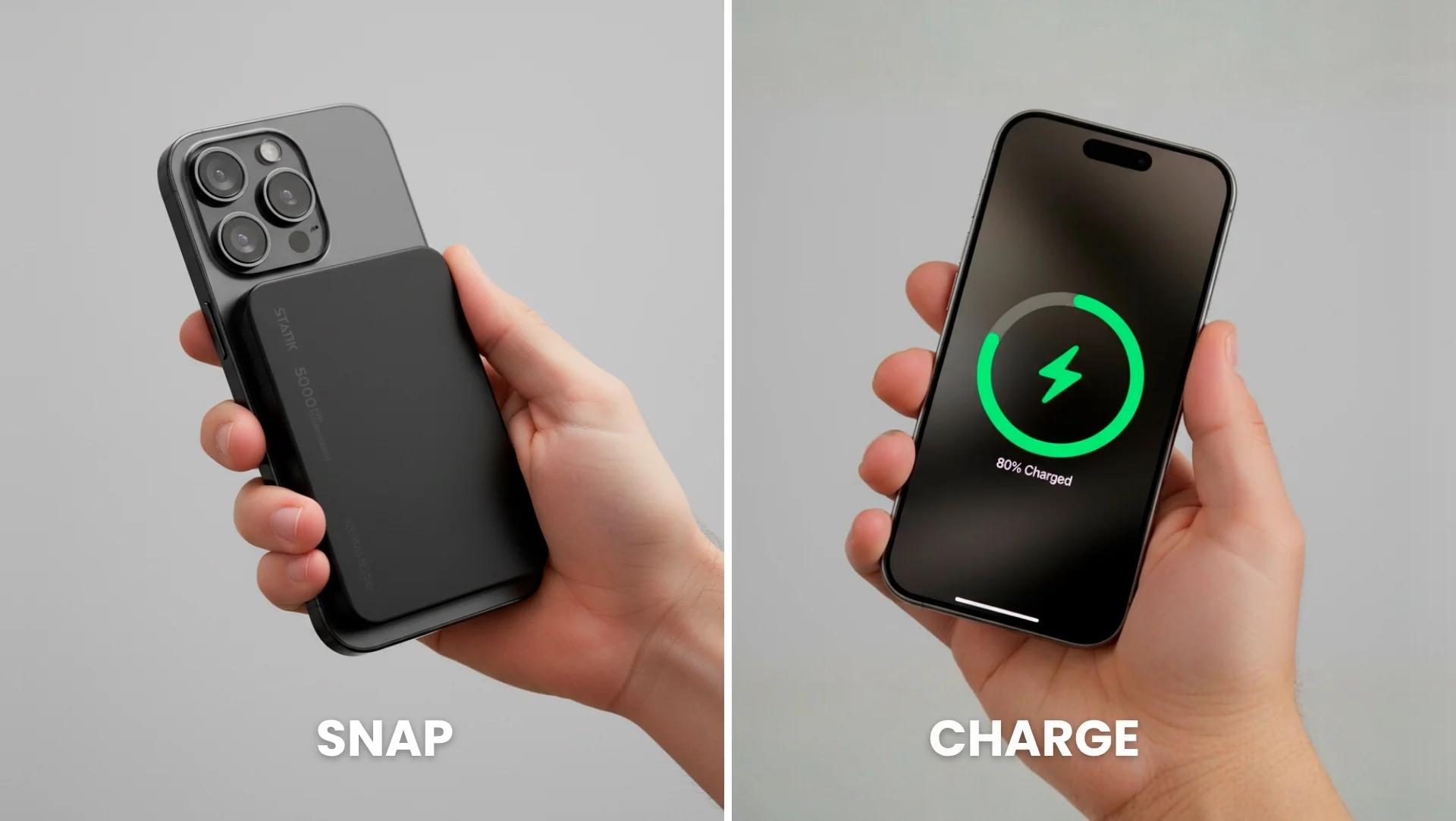Person snapping Statik State power bank onto a phone and showing charging