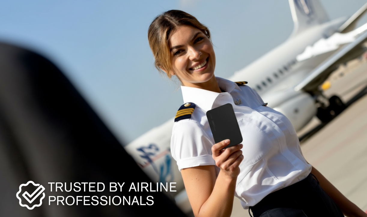 Person in a pilot uniform holding a power bank with text claiming trust by airli