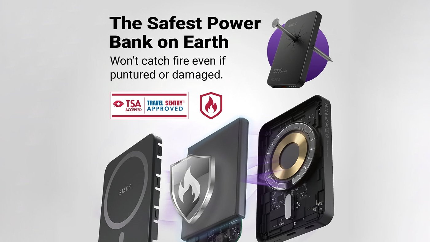 Exploded view illustration of Statik State power bank showing internal battery technology