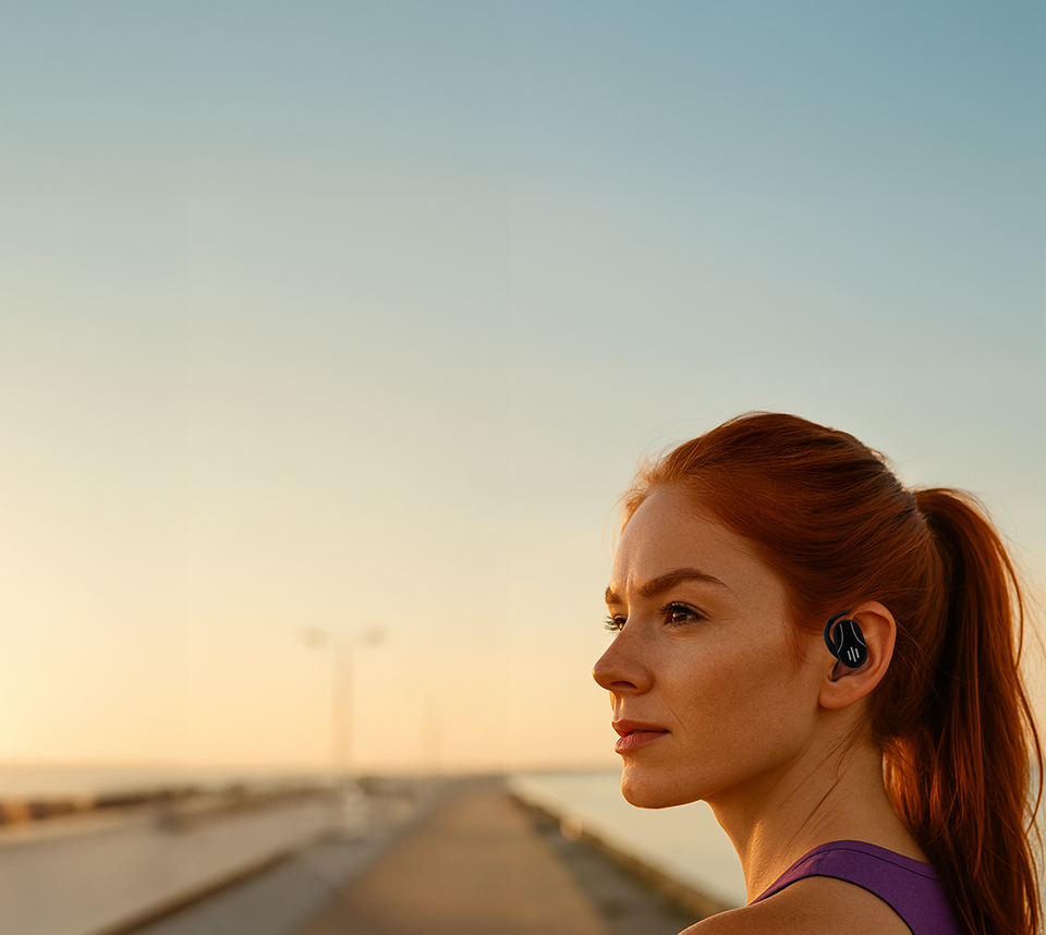 A woman wearing Talky AI Buds outdoors at sunset