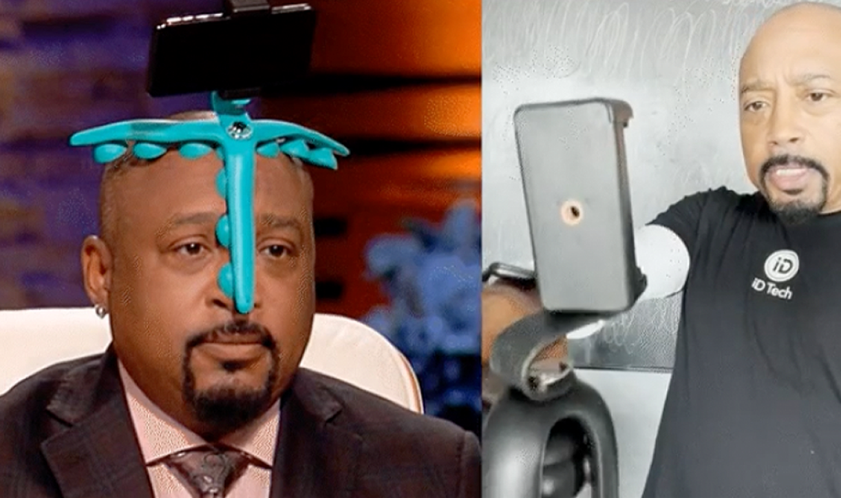 Two people using Tenikle to hold a phone in creative ways