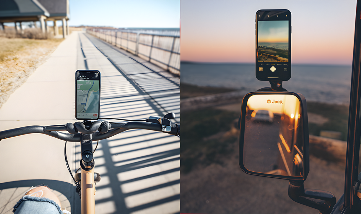 Tenikle mounted on a bike handlebar and vehicle mirror outdoors