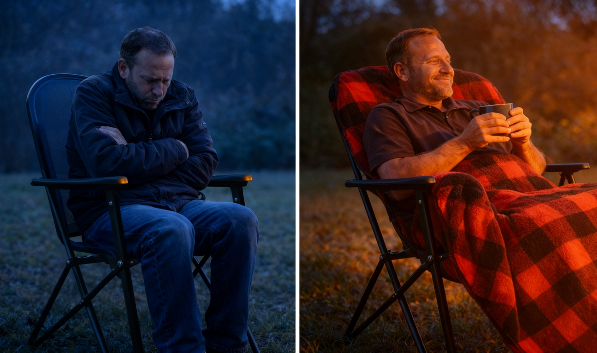 Side-by-side comparison of a person with and without the plaid chair blanket outdoors