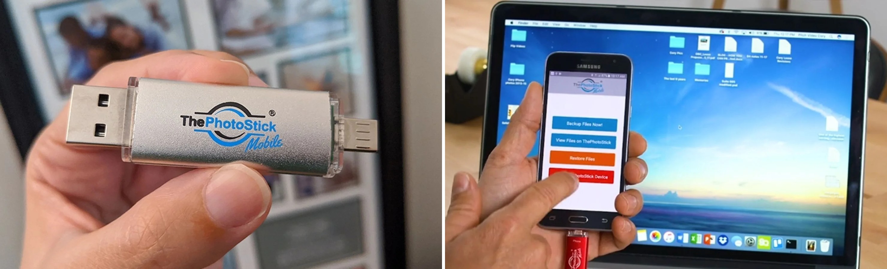 Close-up of ThePhotoStick Mobile device and app in use with a laptop