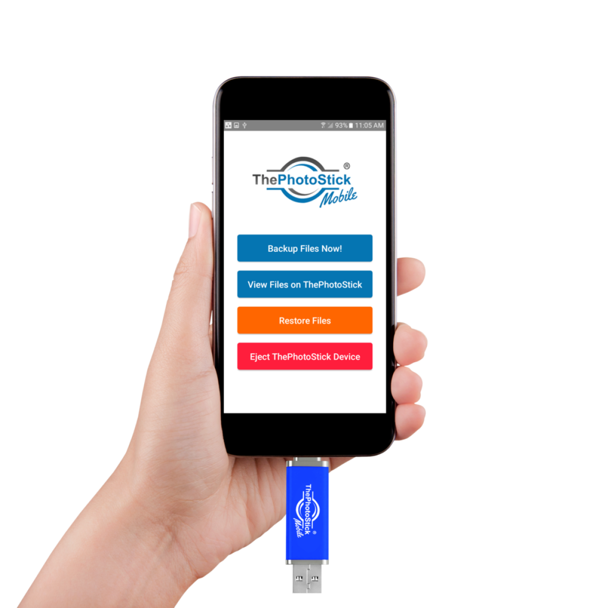 A hand holding a smartphone with ThePhotoStick Mobile device plugged in, displaying the app interface