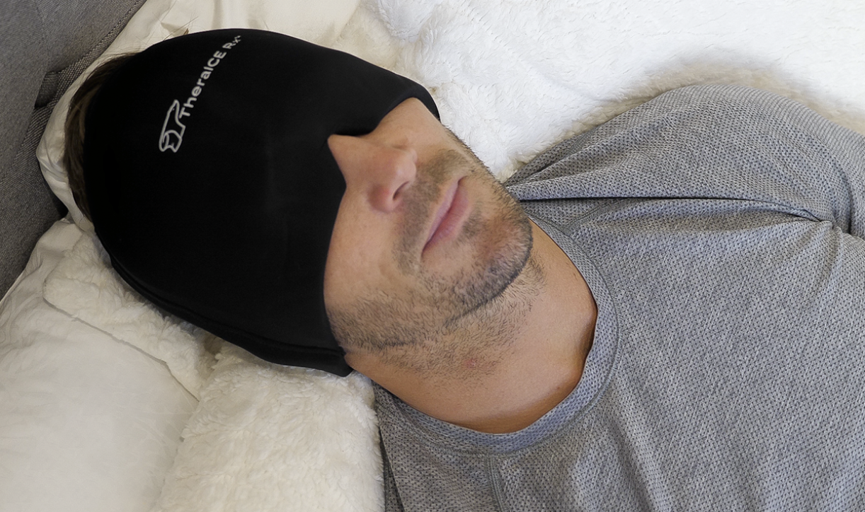 Split image showing TheraICE Rx head wrap for cold and hot therapy