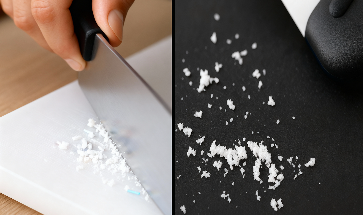 Knife scraping microplastics off a plastic cutting board