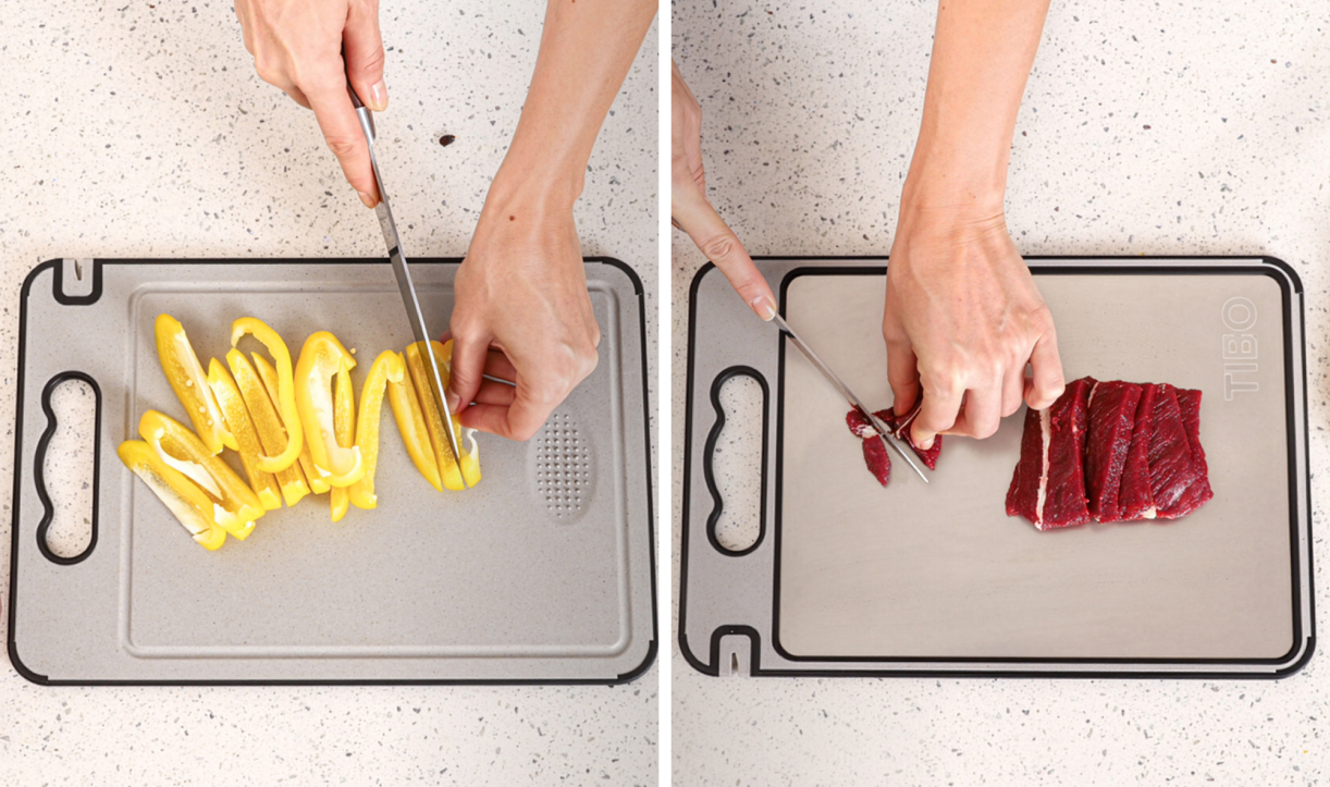 Using both sides of the TIBO cutting board for meat and vegetables