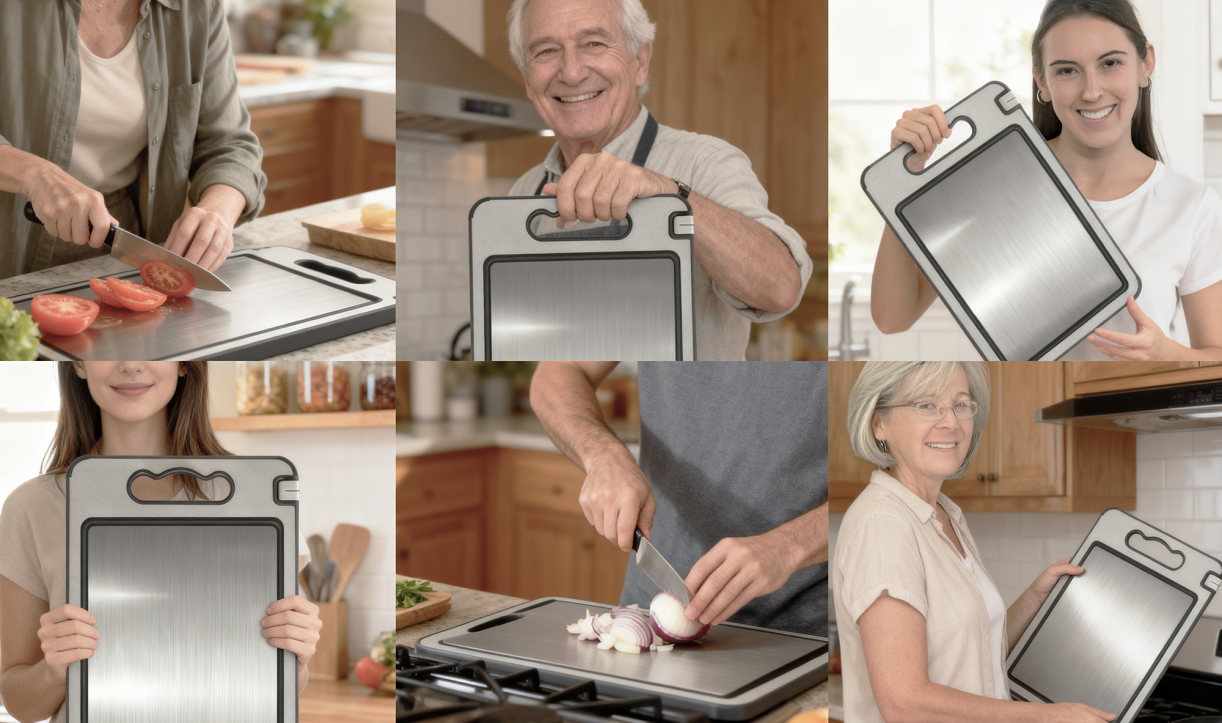 Collage of people using or holding a cutting board in a kitchen setting.