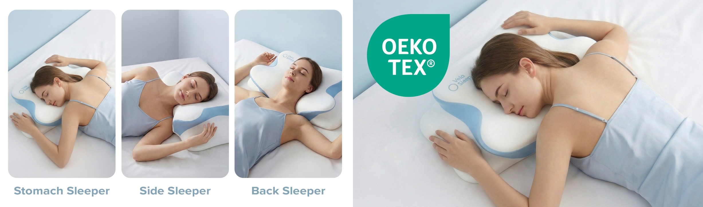 Woman demonstrating side, back, and stomach sleeping positions on the VelaSleep pillow