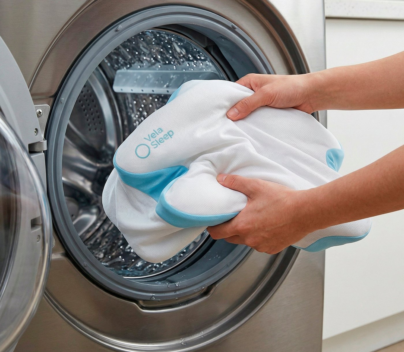 Placing VelaSleep pillow into a washing machine