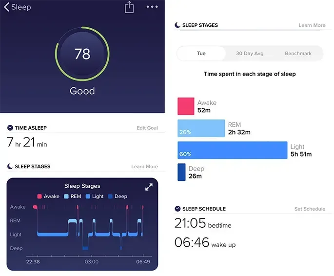 Sleep tracking app screenshots showing sleep score and stages