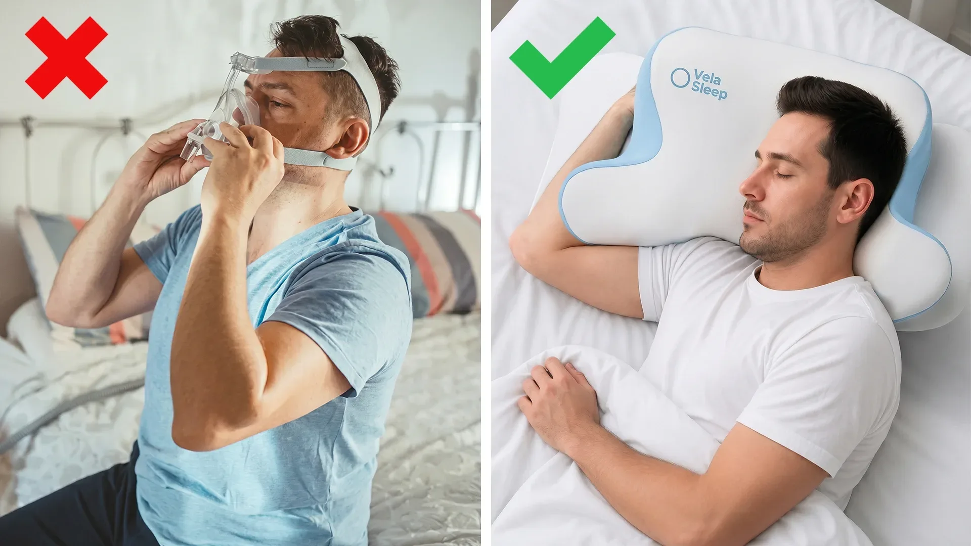 Side-by-side comparison of CPAP mask use versus VelaSleep pillow