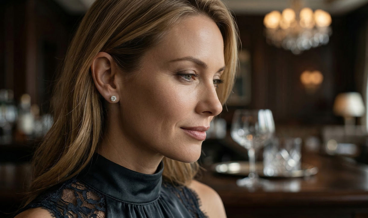 A woman wearing stud earrings in an elegant indoor setting
