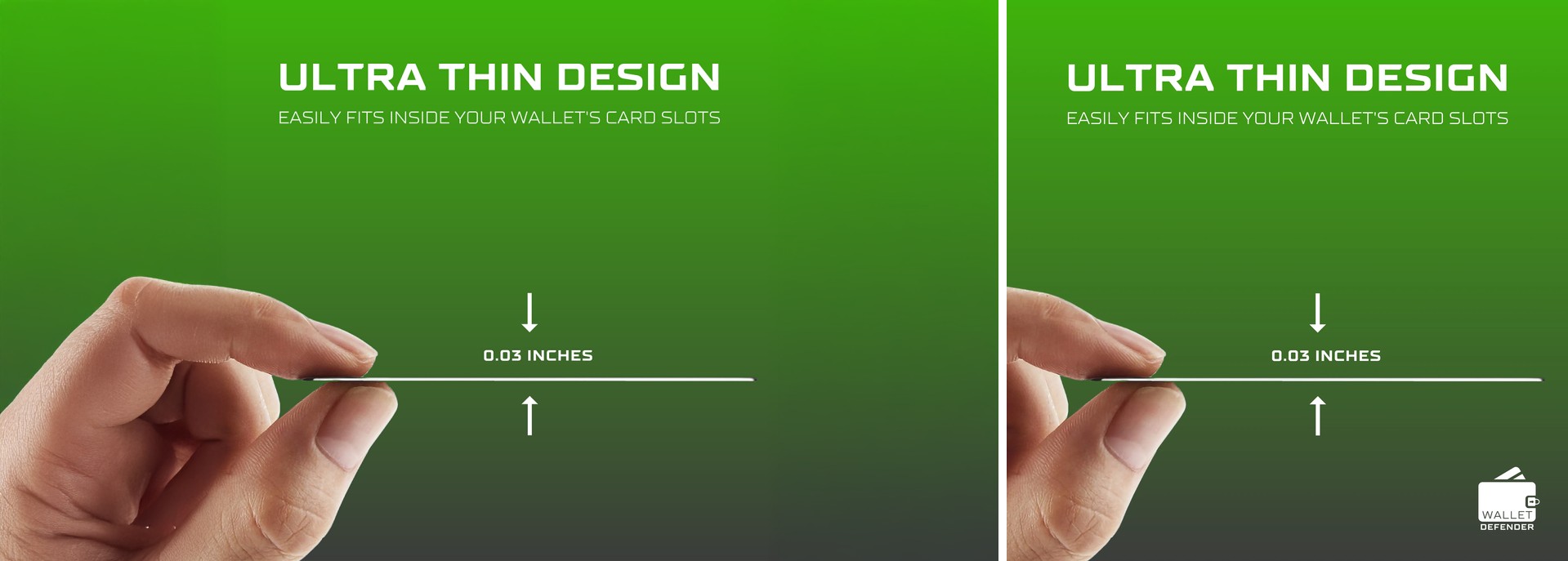 Two close-ups showing the Wallet Defender card's slim profile and thickness