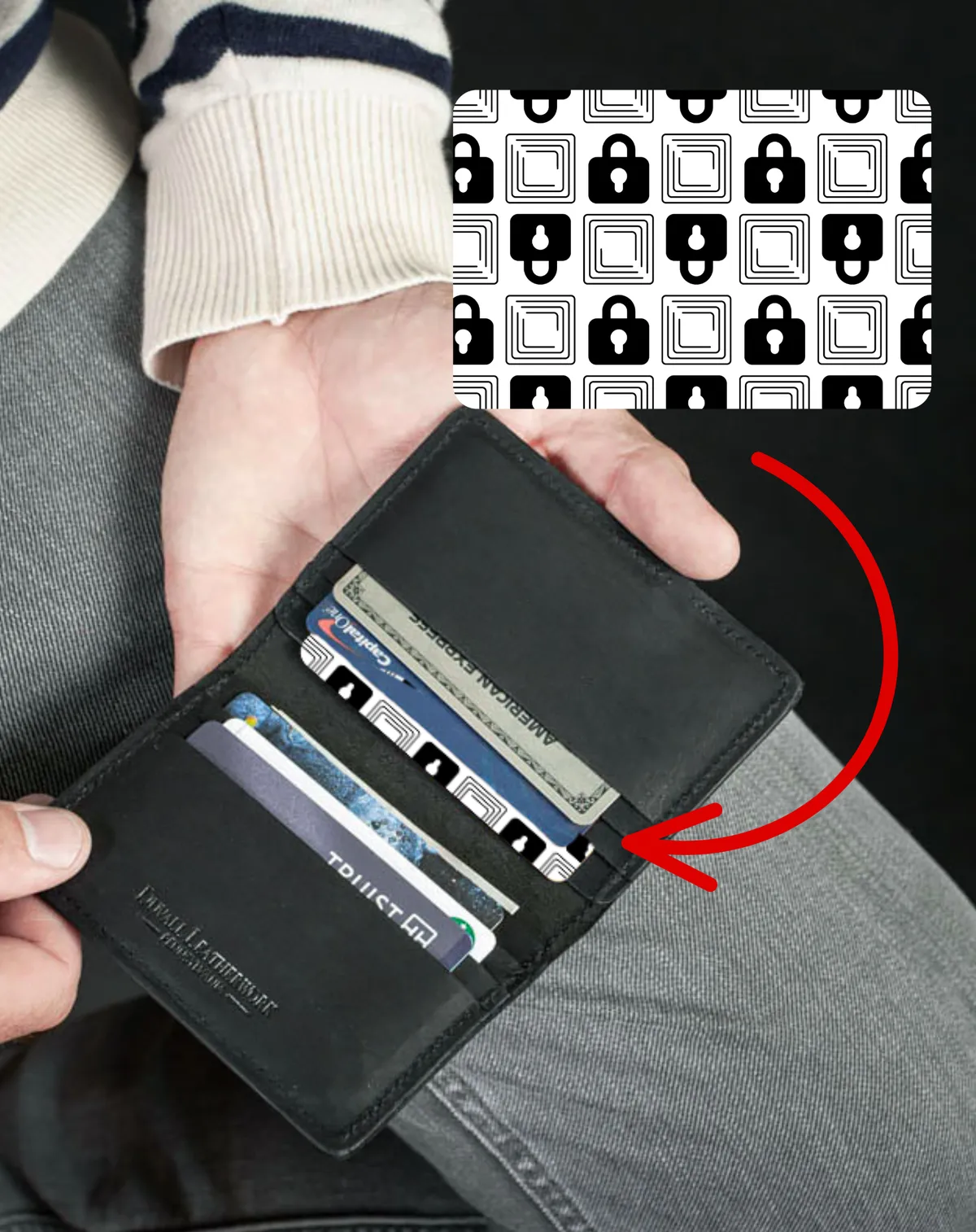 Open wallet with Wallet Defender card and other cards inside