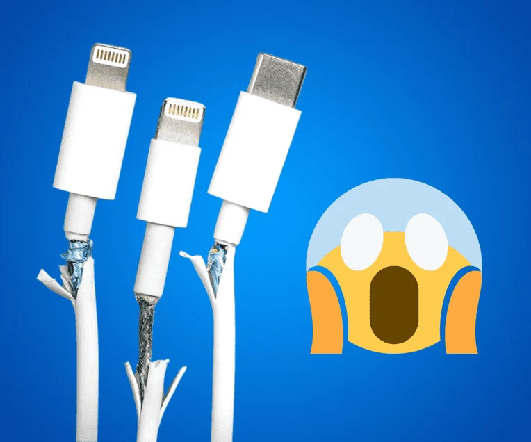 Three frayed charging cables next to a shocked face emoji