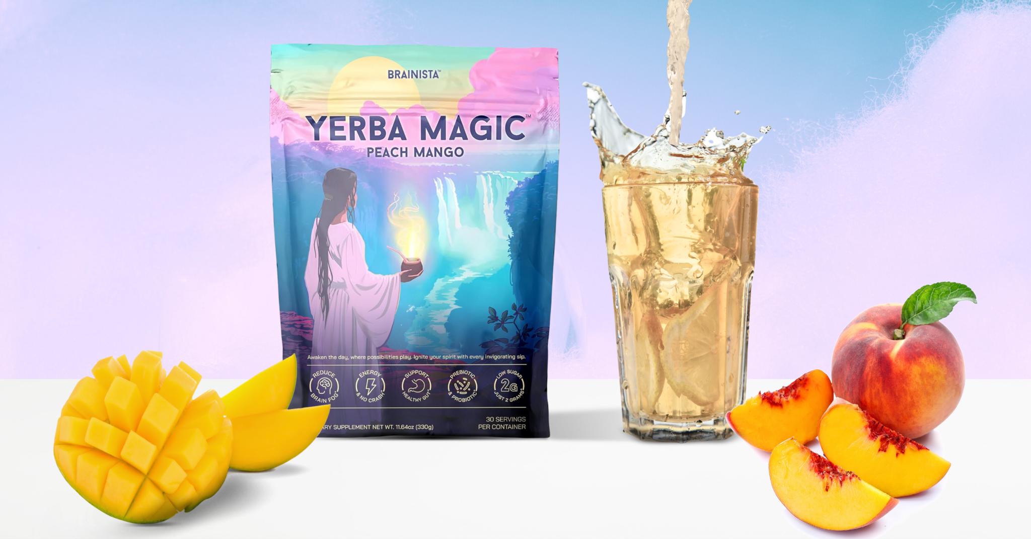 Yerba Magic Peach Mango pouch with a glass of the drink, mango, and peach slices