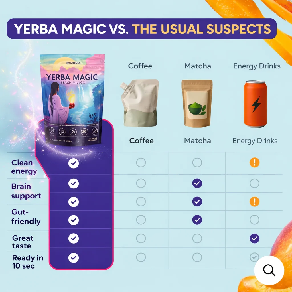 Comparison chart of Yerba Magic versus coffee, matcha, and energy drinks