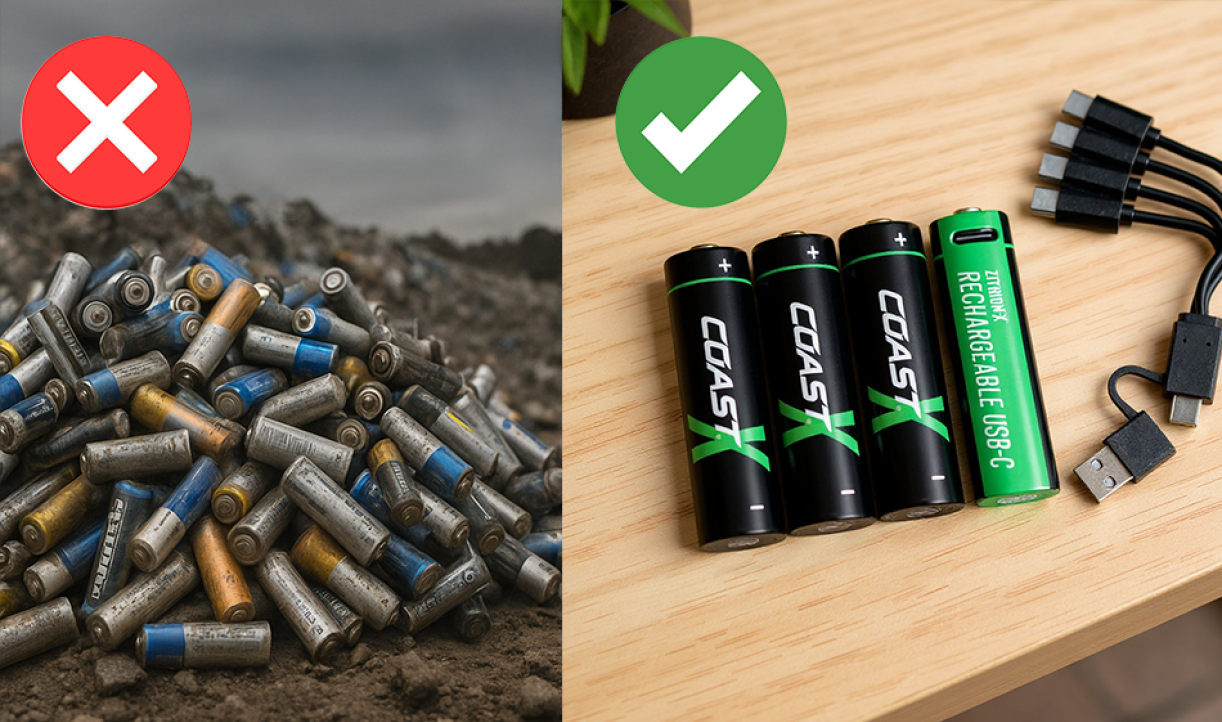 Comparison of discarded batteries in landfill vs rechargeable batteries with charging cables