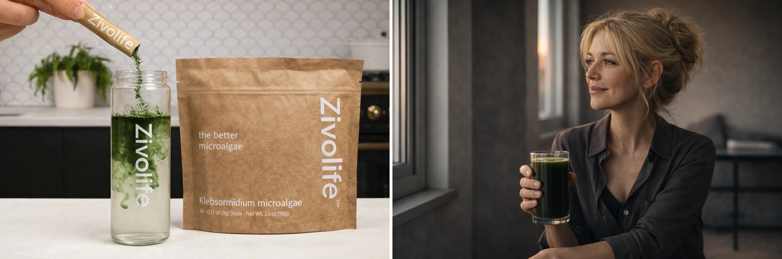 Pouring Zivolife powder and enjoying a green drink by the window