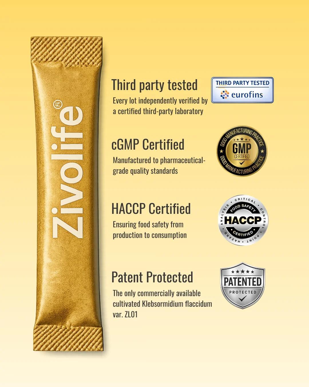 Zivolife stick pack with certification badges and testing claims