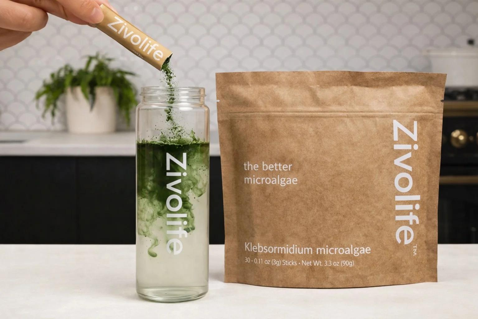Pouring Zivolife powder into a glass of water in a kitchen setting
