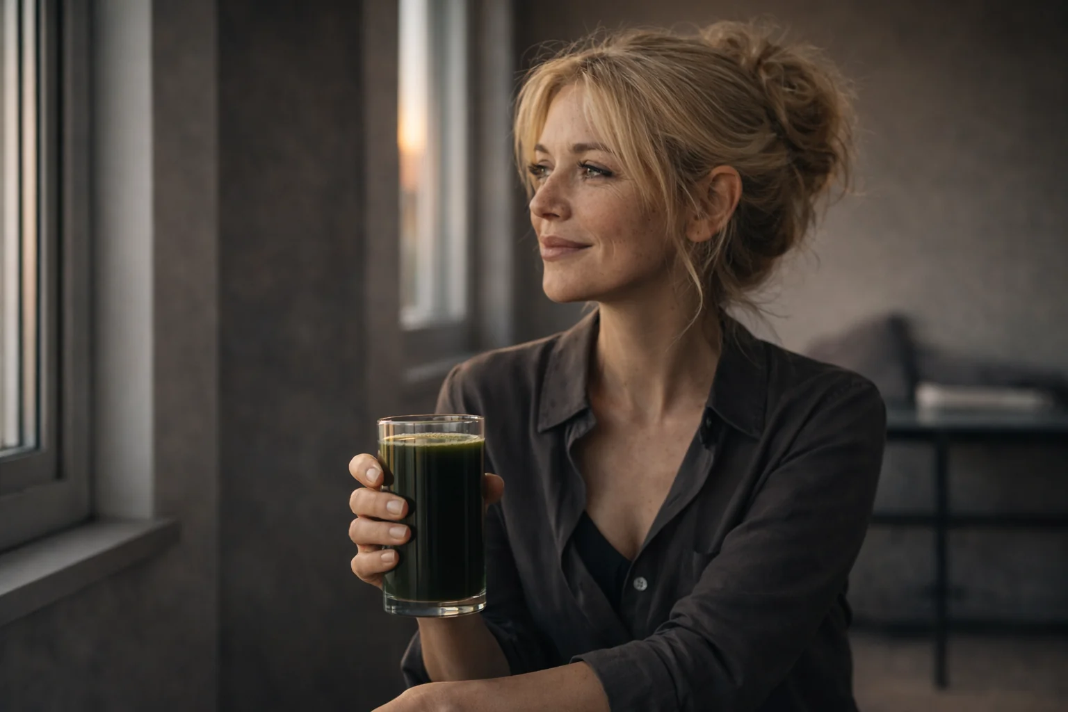 A glass of green drink surrounded by labeled ingredient and nutrient callouts