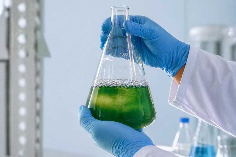 Gloved hands holding a laboratory flask filled with green liquid